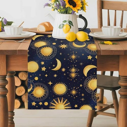 Fantasy Galaxy Table Runner Dresser Scarf 13 x 72 Inch Golden Planet Universe Sun Moon Stars Retro Table Runners Non-Slip Heat Resistant Kitchen Dining Table Decor for Home Holidays Indoor Outdoor