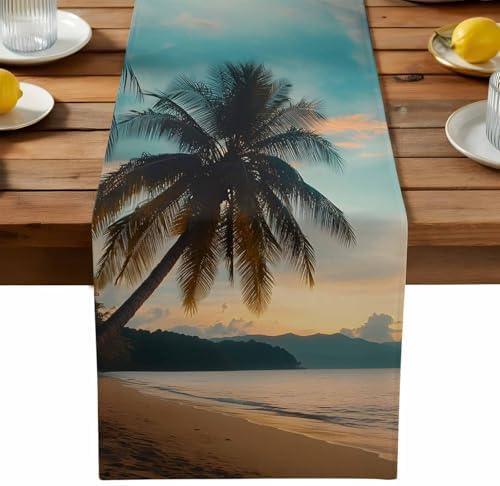 Sunset Beach Table Runner Dresser Scarf 13 x 72 Inch Tropical Coastal Ocean Palm Tree Nautical Table Runners Non-Slip Heat Resistant Kitchen Dining Table Decor for Home Holidays Indoor Outdoor