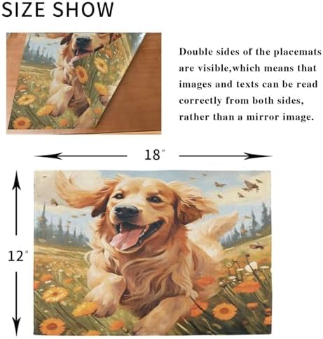ALAZA Happy Golden Retriever in Flower Field Set of 4 Placemats Rectangle Table Mat for Dining Table Restaurant Kitchen Home Decor, 12" x 18"