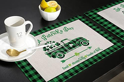 St. Patrick's Day Placemats Set of 6, Farm Buffalo Plaid Truck Shamrock Clover Cotton Linen Heat Resistant Table Mats Washable Spring Holidays Decorations For Kitchen Dining Table Green Black