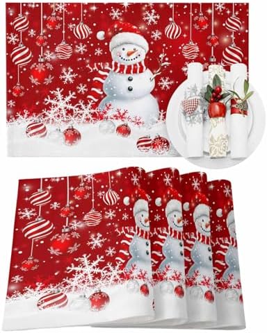 Christmas Placemats Set of 6, Snowman Heat Resistant Washable Dining Table Mats Xmas Holiday Farmhouse Decor for Kitchen&Linens Outdoor Indoor, Snowflake Red Christmas Balls