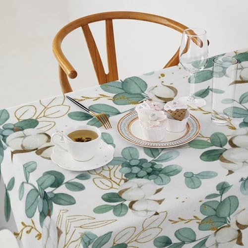 Cotton Flowers Tablecloth, Watercolor Summer Green Golden Eucalyptus Leaves Floral Print Table Cloth for Outdoor Picnic Home Dining Kitchen Table Decor 55x75in