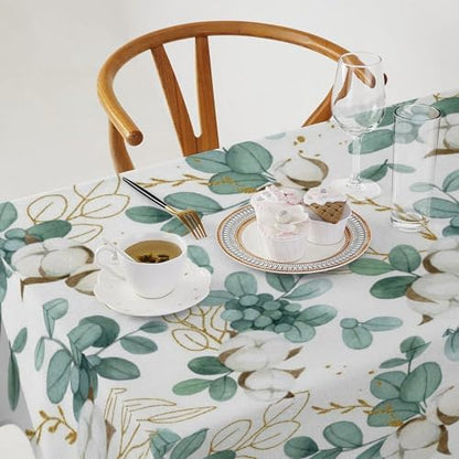 Cotton Flowers Tablecloth, Watercolor Summer Green Golden Eucalyptus Leaves Floral Print Table Cloth for Outdoor Picnic Home Dining Kitchen Table Decor 55x75in