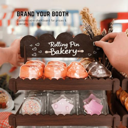 HOTCAN Wooden Cookie Display Stand with Chalkboard Sign for Bakers, Vendors, Craft Fairs | Pastry Display for Market Booths & Events | 4 Tiered Cookie Display for Muffins, Cakes, and Pastries (Brown)
