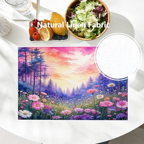 Batmerry Forest Flowers Sunset Placemats, Beautiful Forest Sunset Scene Washable Linen Table Mats for Kitchen Table Double Insulation Decor Dining Set Indoor Outdoor 12X18 in Set of 4