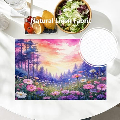 Batmerry Forest Flowers Sunset Placemats, Beautiful Forest Sunset Scene Washable Linen Table Mats for Kitchen Table Double Insulation Decor Dining Set Indoor Outdoor 12X18 in Set of 4