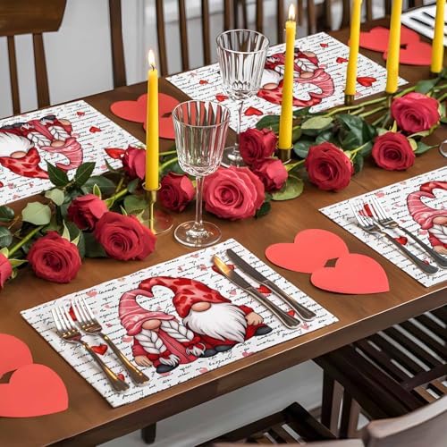 Valentine's Day Placemats Set of 4, Gnome Couple Place Mats Washable Dining Table Mats Wedding Anniversary Party Romantic Valentines Decor for Kitchen&Linens Outdoor Indoor, Red Love Heart Letter