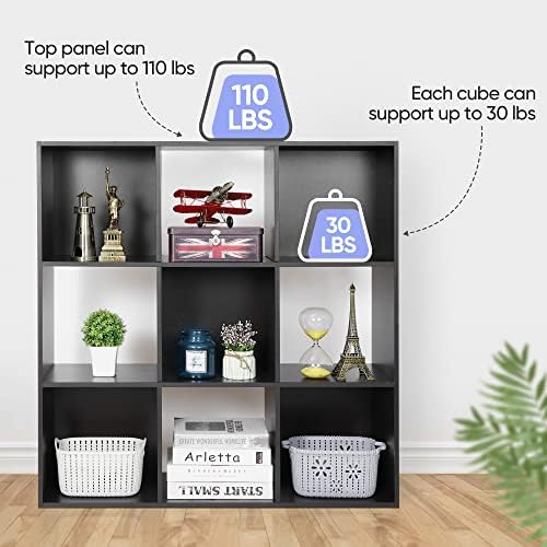 JupiterForce 9 Cube Storage Organizer Wooden Display Shelf W/ 5 Removable Back Panels, Customizable Bookcase Bookshelf for Home, Office, Bedroom and Living Room (Black)