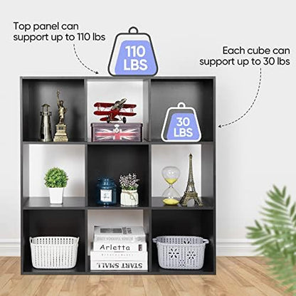 JupiterForce 9 Cube Storage Organizer Wooden Display Shelf W/ 5 Removable Back Panels, Customizable Bookcase Bookshelf for Home, Office, Bedroom and Living Room (Black)