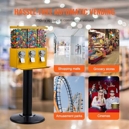 VEVOR Commercial Vending Machine, Triple Compartment Candy Dispenser with Iron Stand, Gumball and Candy Machine for Business, Coin Operated Gumball Bank for Toy Capsules Bouncy Balls Candy Nut, Yellow