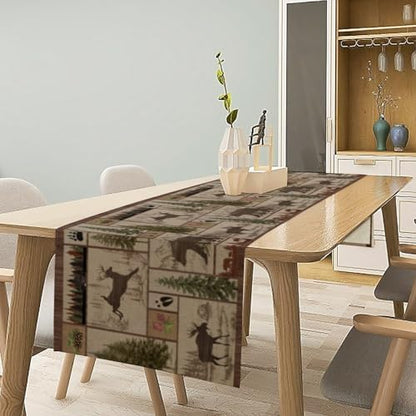 Rustic Moose Deer Bear Table Runner, Retro Vintage Bear Cottage Country Style Cabin Farmhouse Dinner Runner for Home Kitchen Dining Table Decoration 13x36inch
