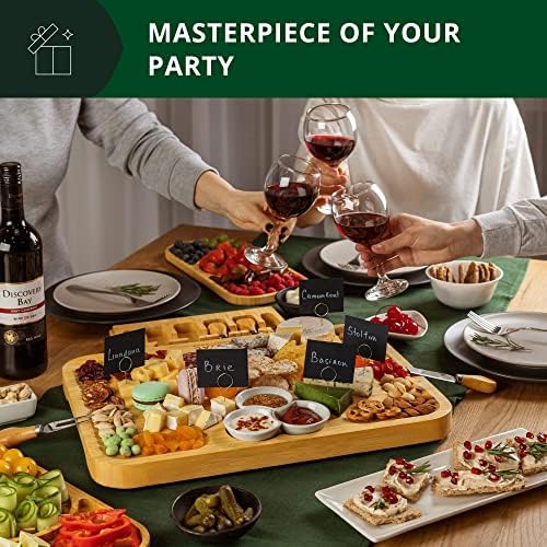 ROYAL CRAFT WOOD Bamboo Cheese Board and Knife Set with Charcuterie Board & Serving Tray with Appetizer Plates & Side Trays (17.5 x 13)