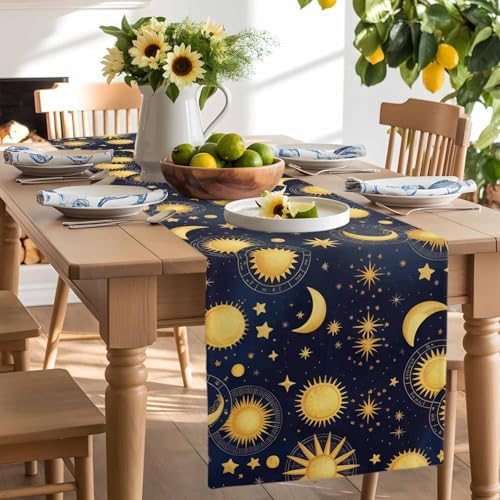 Fantasy Galaxy Table Runner Dresser Scarf 13 x 120 Inch Golden Planet Universe Sun Moon Stars Retro Table Runners Non-Slip Heat Resistant Kitchen Dining Table Decor for Home Holidays Indoor Outdoor