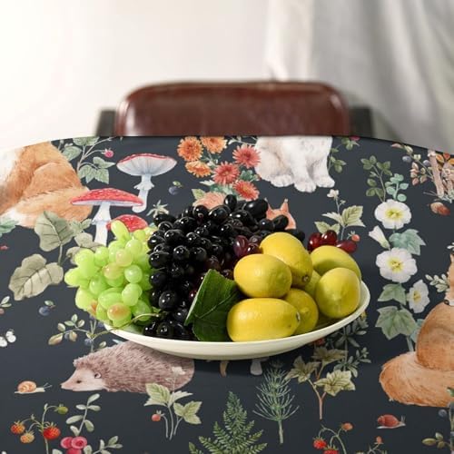 Watercolor Forest Tablecloth, Rustic Woodland Animals Squirrel Rabbit Fox Wild Flower Mushroom Leaves Print Table Cloth Cover for Kitchen Dining Indoor Outdoor Decor 60x110in