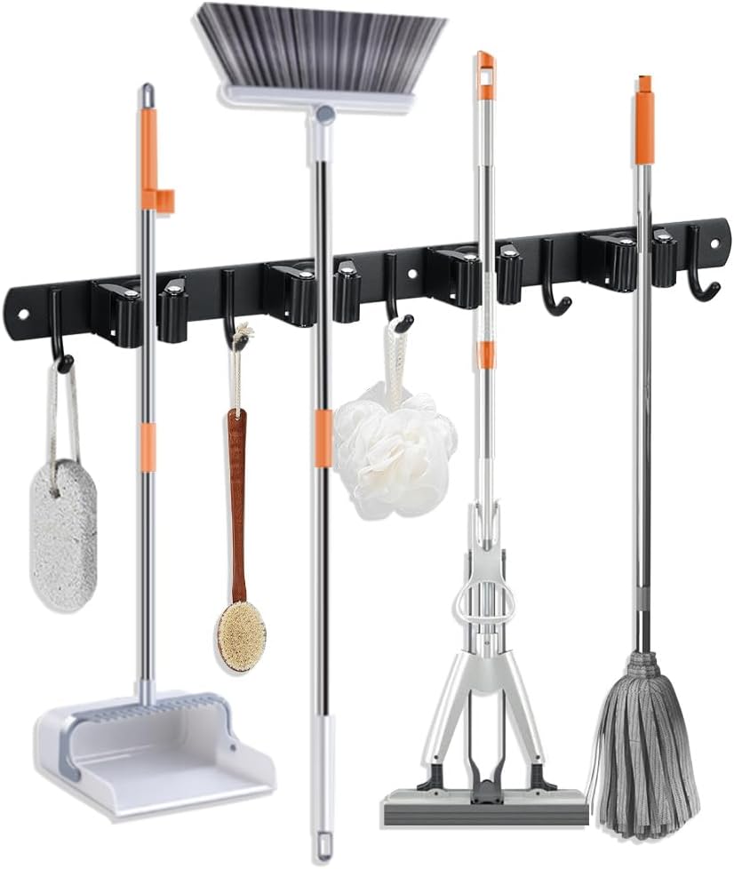 Broom Hanger and Mop Holder, Heavy Duty Garden Tool Organizer Rack Rake and Shovel Handle, Stainless Steel Wall Mounted Utility Rack with Screws (4 Racks with 5 Hooks, Matte Black).