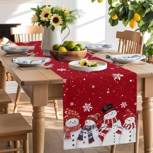 Christmas Snowman Red Table Runner Dresser Scarf 13 x 36 Inch Cute Xmas Snowman Snowflakes Winter Table Runners Non-Slip Heat Resistant Kitchen Dining Table Decor for Home Holidays Indoor Outdoor