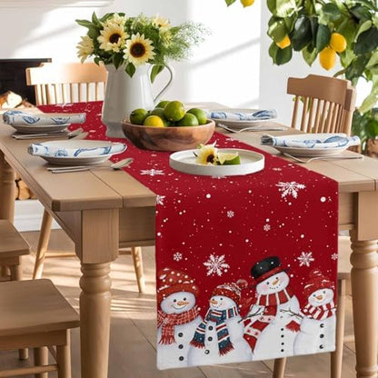 Christmas Snowman Red Table Runner Dresser Scarf 13 x 36 Inch Cute Xmas Snowman Snowflakes Winter Table Runners Non-Slip Heat Resistant Kitchen Dining Table Decor for Home Holidays Indoor Outdoor