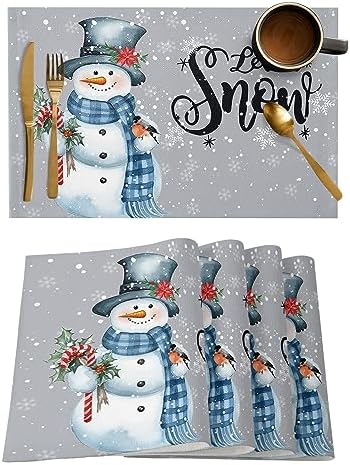 Snowman Christmas Placemats Set of 4, Let It Snow Winter Holiday Heat Resistant Washable Table Place Mats Grey White Cotton Table Linens Party Holiday Decor for Kitchen Dining Outdoor Indoor