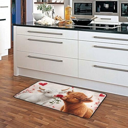 Aslsiy Highland Cow Rose Heart (2) Kitchen Rug Kitchen Mats Valentines Floor Comfort Welcome Washable Non Slip Area Rug for Home Decor 39" X 20"
