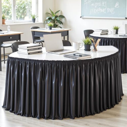 Wish Care 6ft Black Satin Table Skirt for Rectangle Tables Wrinkle Free Teacher Desk Skirt Glitter Ruffle Table Skirting Cloth for Back to School Classroom Office Dorm Birthday Party Table Decor