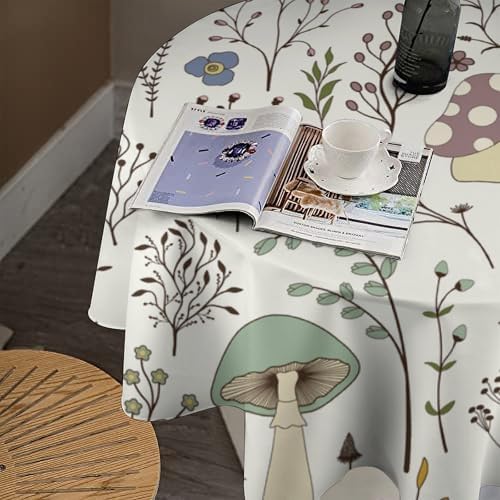 Mushroom Tablecloth, Boho Floral Rustic Wildflower Herbs Plants Colorful Botanical Green Leaves Print Table Cloth for Kitchen Dining Picnic Party Restaurant Decoration, 70x70in