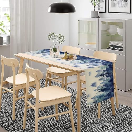 Watercolor Blue Pine Trees Table Runner, Forest Woodland Tabletop Scarf Home Kitchen Holiday Decor, Seasonal Farmhouse Rustic Dining Decorations Party Supply 13 X 36 Inch