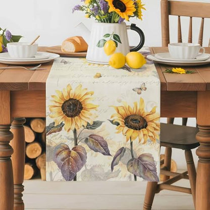Farmhouse Sunflower Table Runner Dresser Scarf 13 x 120 Inch Vintage Yellow Flower Butterfly Botanical Table Runners Non-Slip Heat Resistant Kitchen Dining Table Decor for Home Holidays Indoor Outdoor