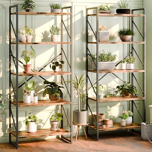 Shintenchi 2 Pieces 5 Tiers Bookshelf, Classically Tall Bookcase Shelf, Industrial Book Rack, Modern Book Holder in Bedroom/Living Room/Home/Office, Storage Rack Shelves for Books/Movies-Rustic Brown