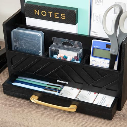 Mind Reader 5-Compartment Desktop Organizer, Rustic Wooden Storage Rack with Drawer for Papers, Accessories, and Office Supplies, 12.5" L x 4.25" W x 7.5" H, Black