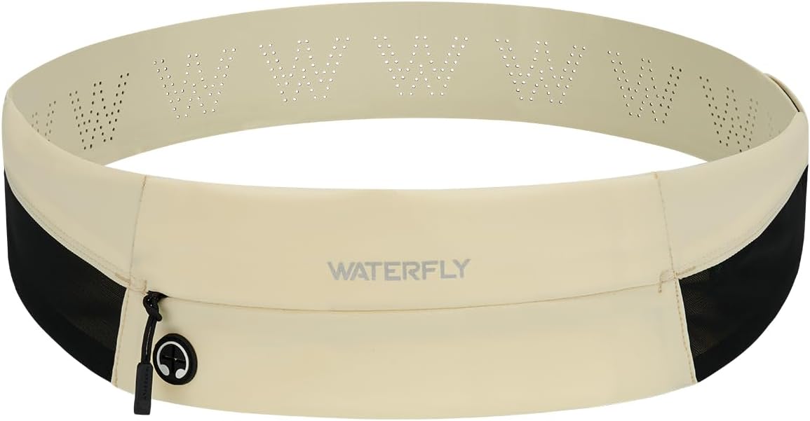 WATERFLY Running Belt Fanny Pack: Slim Waist Bag for Men Women, Workout Fitness Phone Holder for Exercise Marathon Jogging-Beige