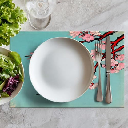 Batmerry Shabby Chic Cherry Blossom Linen Placemats Set of 8, Artistic Floral Illustration Washable Table Mats for Kitchen Table Thickened Heat Insulation Dining Set Indoor Outdoor 12X18 in