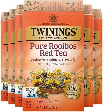 Twinings Pure Rooibos Red Herbal Caffeine-Free Tea Bags 20 CT Box (6 Pack)