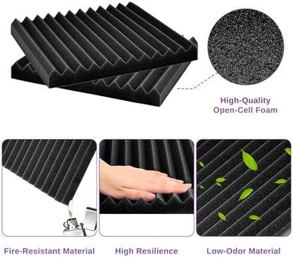 52 Pack Acoustic Foam Panels,1" x 12" x 12"Acoustic Wedge Studio Foam Sound Absorption Wall Panels (Black/Purple)