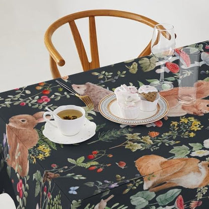 Watercolor Forest Tablecloth, Rustic Woodland Animals Squirrel Rabbit Fox Wild Flower Mushroom Leaves Print Table Cloth Cover for Kitchen Dining Indoor Outdoor Decor 60x110in
