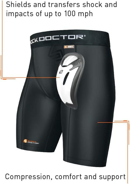 Shock Doctor Compression Shorts with Protective Bio-Flex Cup, Moisture Wicking Vented Protection, Youth Size