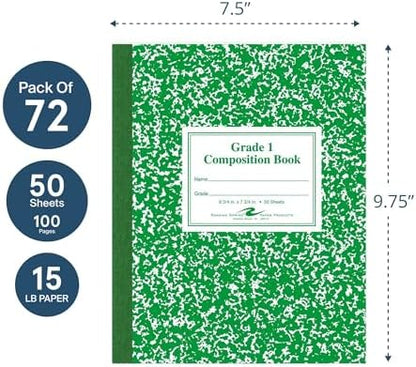 ROARING SPRING Primary Composition Book, Handwriting Notebook for Kids (4K - 1st Grade), Grade 1 Ruled, 1" Skip-Line Manuscript Paper, Flexible Cover, 9.75" x 7.5", 50 Sheets/100 Pages, 72 Pack
