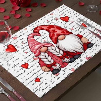 Valentine's Day Placemats Set of 4, Gnome Couple Place Mats Washable Dining Table Mats Wedding Anniversary Party Romantic Valentines Decor for Kitchen&Linens Outdoor Indoor, Red Love Heart Letter