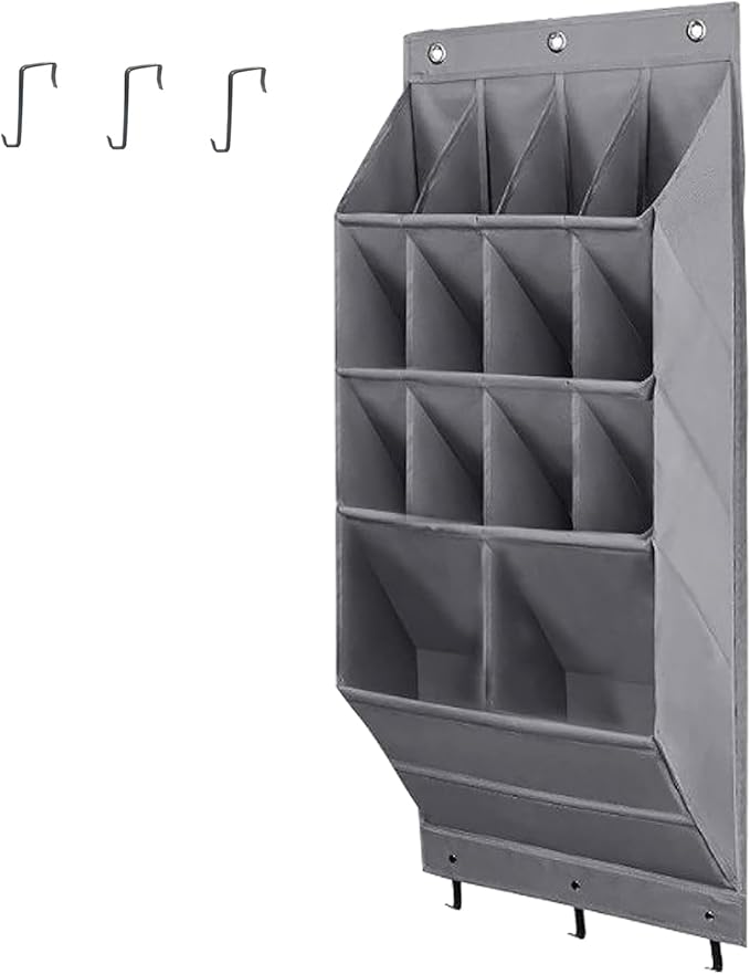 Over the Door Shoe Organizer, 14 Pockets Hanging Shoe Storage Rack with Large Deep Pockets, Oxford 600D Fabric Grey Shoe Storage Rack with 6 hook for Shoes, Slipper,Home Accessories etc