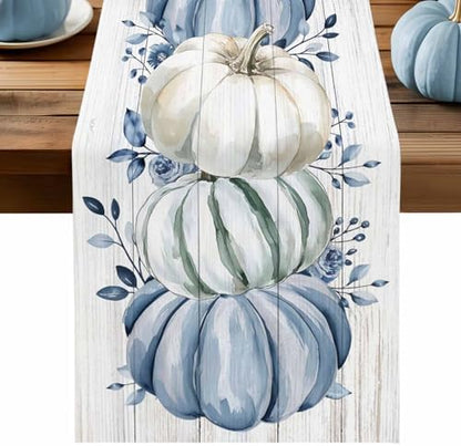 Fall Table Runner Blue Pumpkin Table Runners Harvest Thanksgiving White Blue Pumpkins Wooden Cotton Linen Dresser Scarf Kitchen Dining Table Decor for Autumn Holiday Party Coffee 13x36 Inch