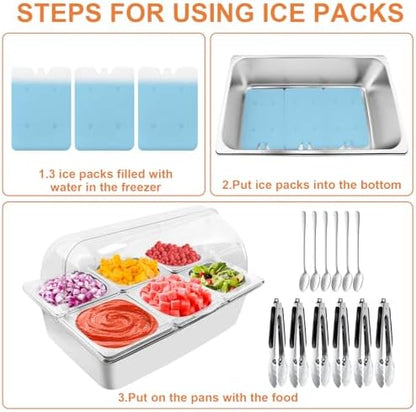 Countertop Food Serving Display Container with Clear Roll Top Cover, Catering Supplies Buffet Display, Perfect Salad Bar Buffet Station for Home and Catering Supplies, Cold Food Buffet Server(6 Pan)