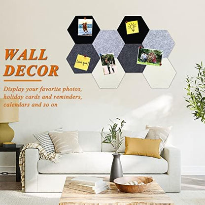 8Pcs Hexagon Felt Cork Board Tiles, Self Adhesive DIY Bulletin Board Pin Board for Office School Home Wall Decor Stickers Memos Photos Display (Gradual Grey)