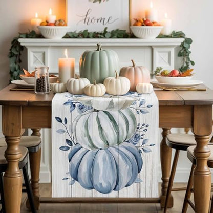 Fall Table Runner Blue Pumpkin Table Runners Harvest Thanksgiving White Blue Pumpkins Wooden Cotton Linen Dresser Scarf Kitchen Dining Table Decor for Autumn Holiday Party Coffee 13x36 Inch