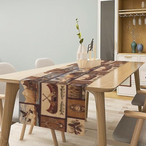 Retro Rustic Style Table Runner, Vintage Moose Deer Bear Leaf Tree Country Style Farmhouse Cottage Cabin Dinner Table Decoration for Home Kitchen Dining 13"x60"