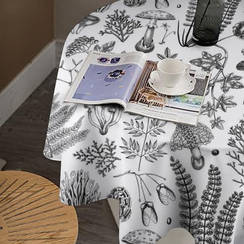 Vintage Mushroom Tablecloth, Black White Nature Forest Fern Leaves Autumn Plants Botanical Print Table Cover for Home Dining Decor Kitchen Party Outdoor, 60x60in