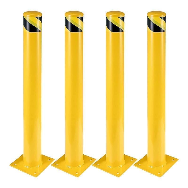 4-Pack Heavy Duty Safety Bollards, 42" Height, 4.5" Diameter Steel Pipe Bollard Post with 16 Anchor Bolts, High-Visibility Yellow Parking Bollard for Traffic Control, Warehouses, & Pedestrian Safety