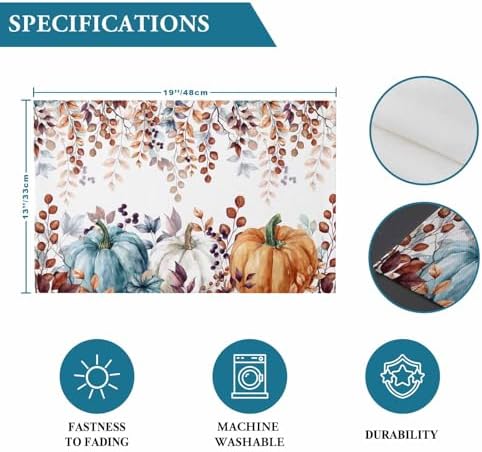 Fall Thanksgiving Placemat, Watercolor Pumpkins Eucalyptus Leaves Heat Resistant Washable Linen Table Place Mats Party Holiday Decor for Home Kitchen Dining Outdoor Indoor, Blue Orange