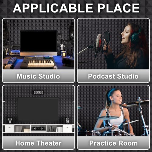 Foneso 12 Pack Sound Proof Foam Panels for Walls, 12''x12''x2'' Acoustic Foam Panels with Self-Adhesive, High Density Pyramid Sound Absorbing Padding for Sound Studio, Podcast Recording and Offices