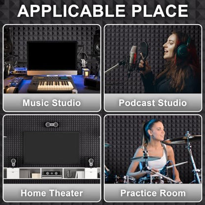 Foneso 12 Pack Sound Proof Foam Panels for Walls, 12''x12''x2'' Acoustic Foam Panels with Self-Adhesive, High Density Pyramid Sound Absorbing Padding for Sound Studio, Podcast Recording and Offices