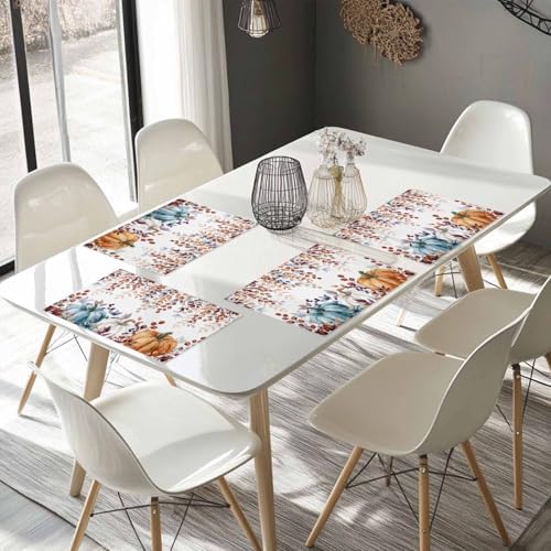 Fall Thanksgiving Placemats Set of 6, Watercolor Pumpkins Eucalyptus Leaves Heat Resistant Washable Linen Table Place Mats Party Holiday Decor for Home Kitchen Dining Outdoor Indoor, Blue Orange