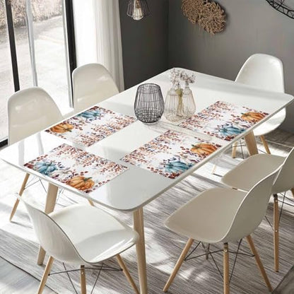 Fall Thanksgiving Placemats Set of 6, Watercolor Pumpkins Eucalyptus Leaves Heat Resistant Washable Linen Table Place Mats Party Holiday Decor for Home Kitchen Dining Outdoor Indoor, Blue Orange